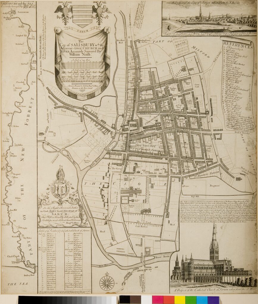 Map of Salisbury by William Naish, 1751, showing the location of Milford (top right), the medieval cheqeurs and water channels. © Salisbury Museum