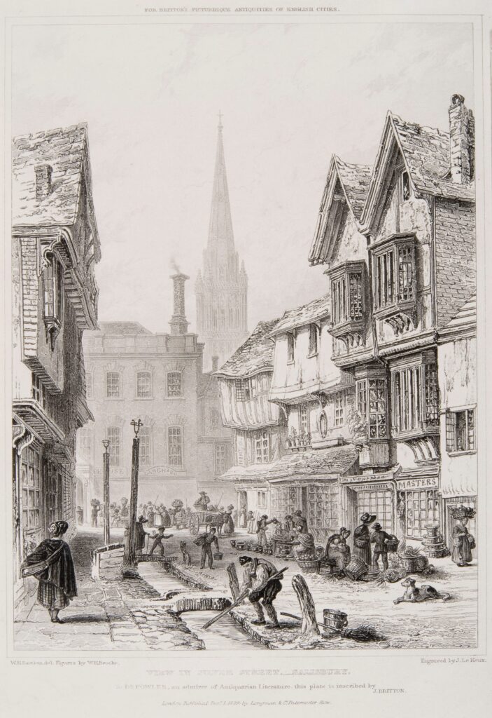 View in Silver (now Minster) Street, engraving by J. Le Keux after W. H. Bartlett and W. H. Brooke, 1829 – showing the water channels. © Salisbury Museum
